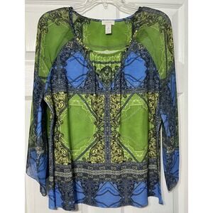 Chicos Beaded Tunic Top Women's Sz 2 Floral 3/4 Sleeve Blue‎ Green Scoop Neck